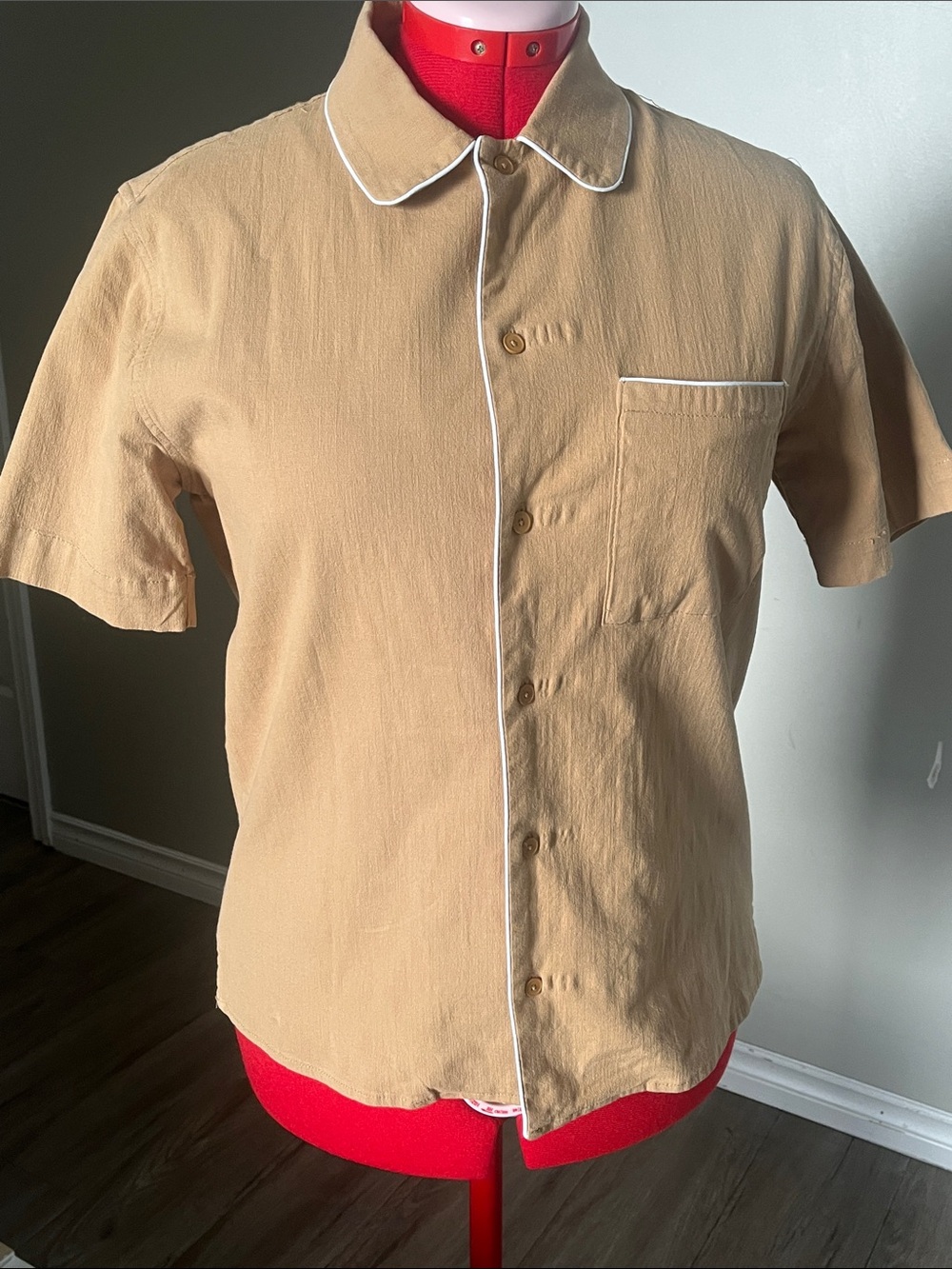 OAK + FORT Beige Short-Sleeve Button-Down Shirt with White Piping 97% Cotton